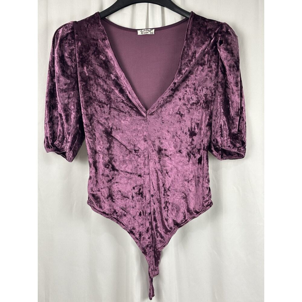 NEW Free People Don't You Wish Purple Velvet Bodysuit Puff Sleeve Whimsygoth S